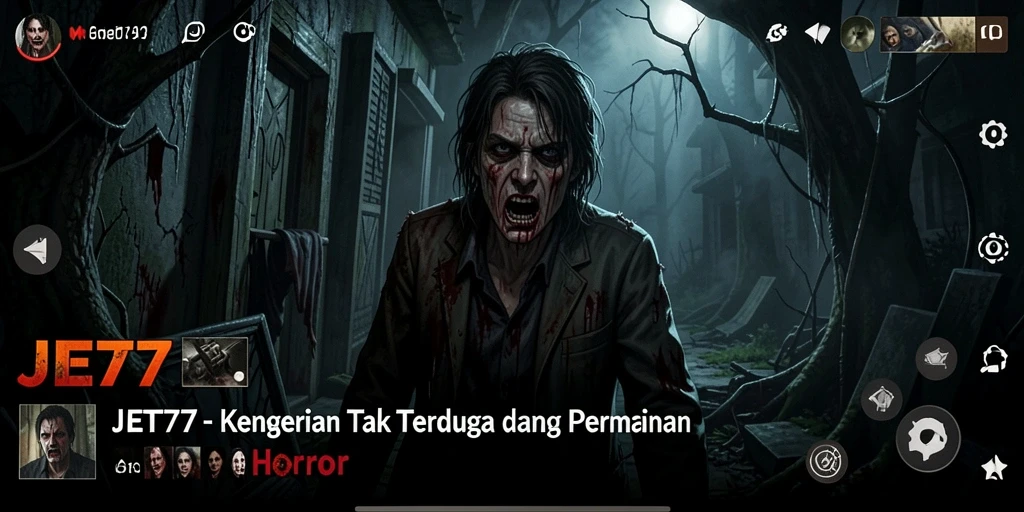Screenshot gameplay JET77 yang menampilkan suasana menyeramkan dan kengerian.
