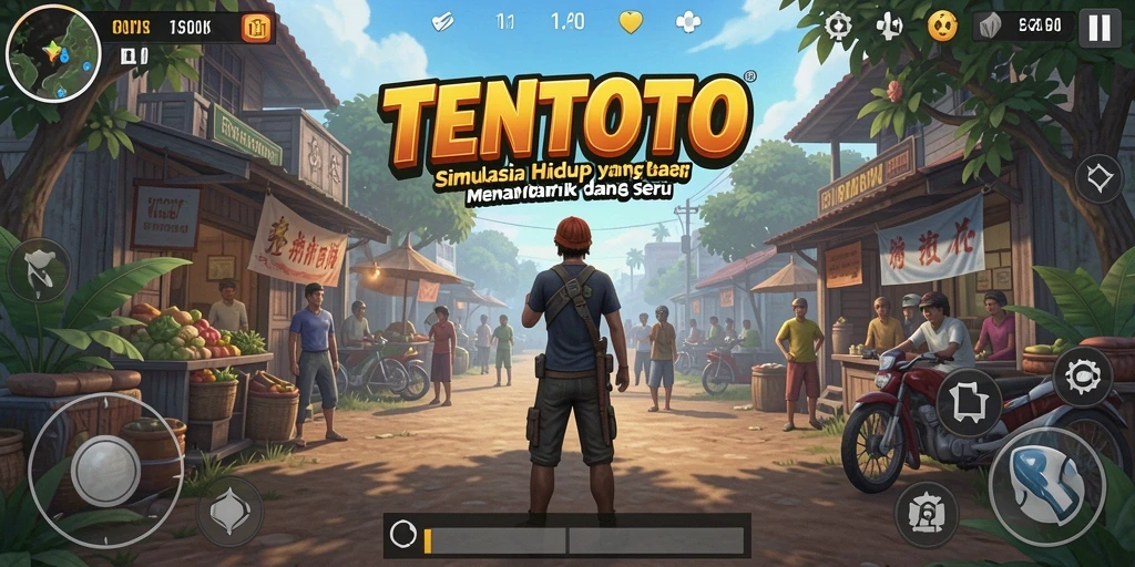 Screenshot permainan TENTOTO menampilkan karakter dalam dunia simulasi yang menarik.
